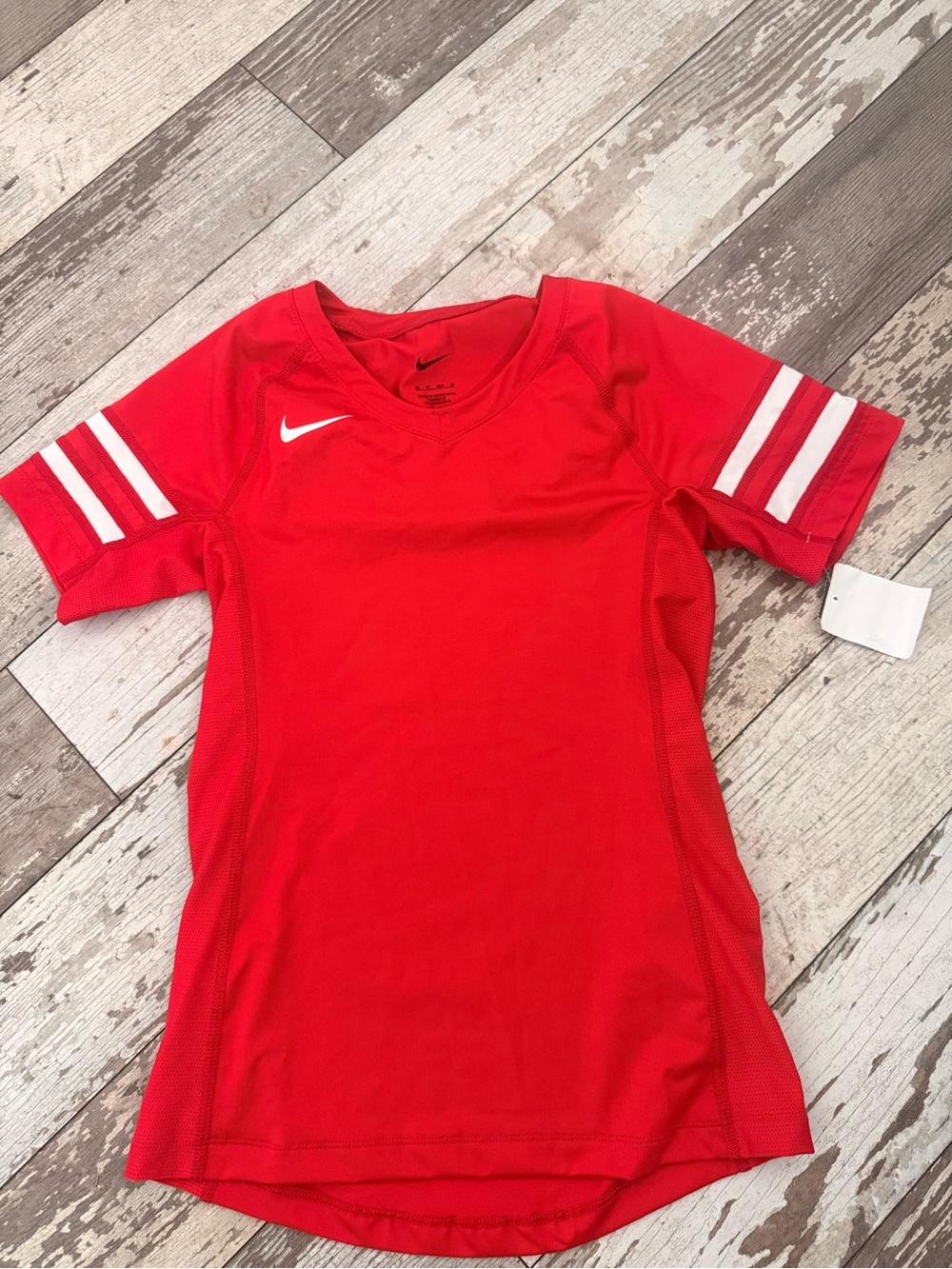 Nike Red Short Sleeve Youth Athletic Tee with White Sleeve Stripes